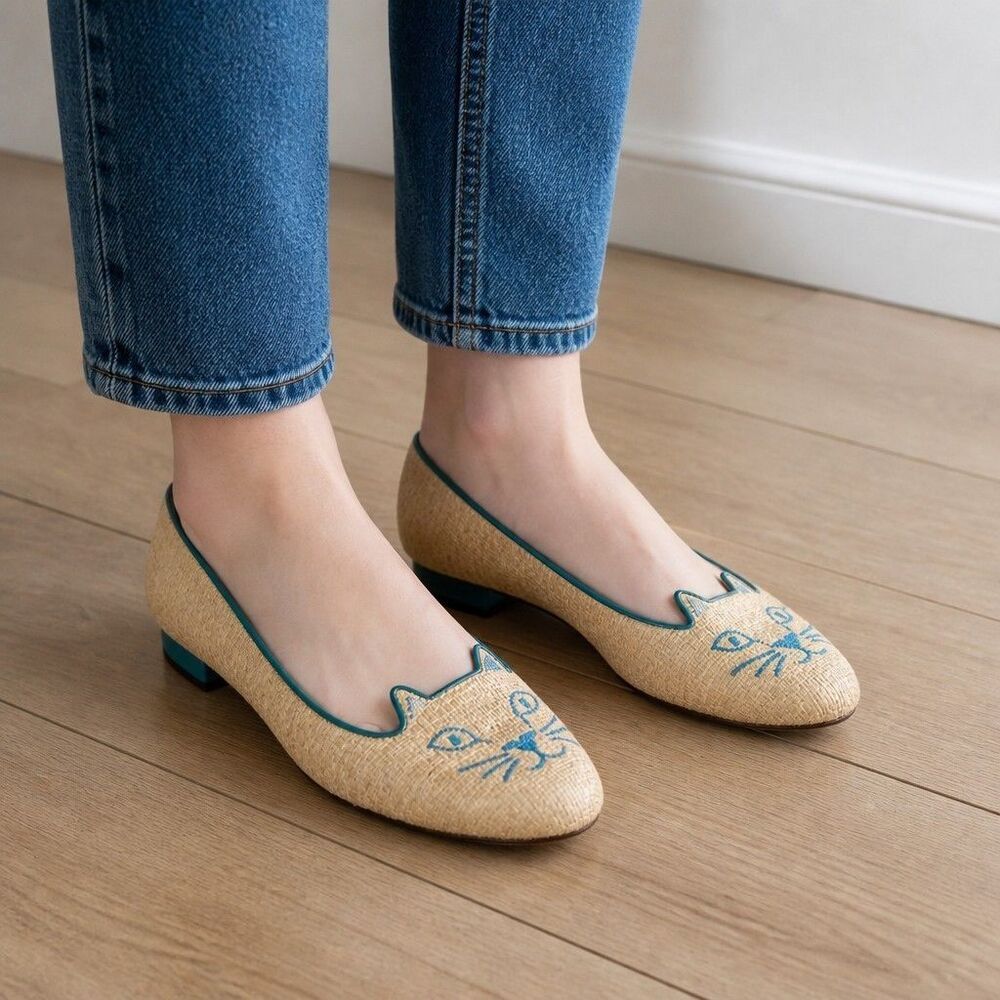 Charlotte Olympia Kitty Face Flats Shoes Loafer Raffia Beige Blue Womens 39/US 9